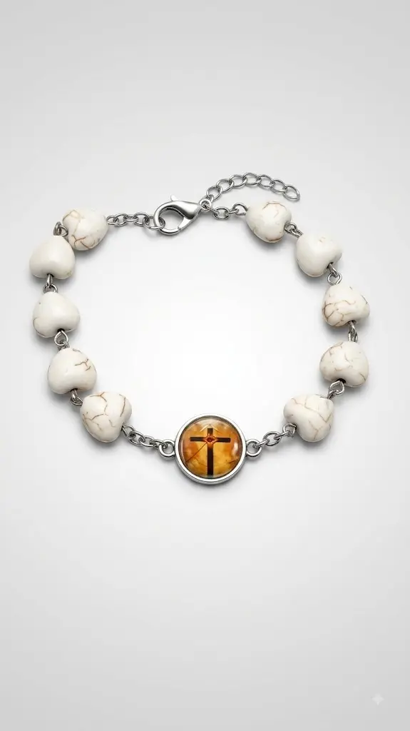 Pulsera decenario - Corazón blanco e imagen de cruz.