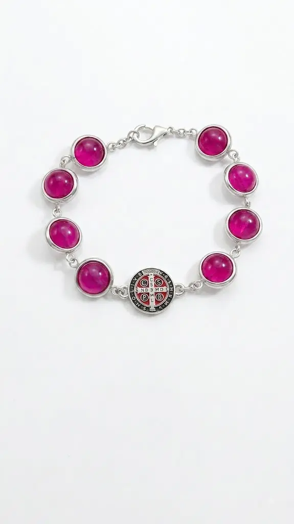 Pulsera bolas rosa- Medalla de San benito.