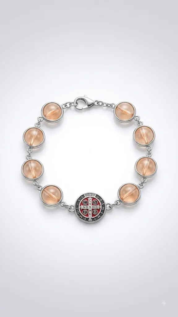 Pulsera bolas naranjas - Medalla de San benito.